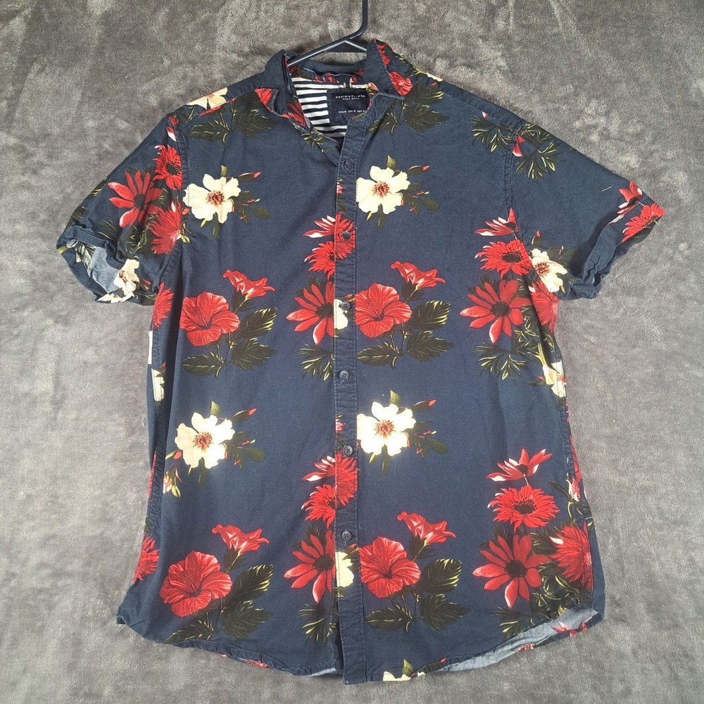 Denim & Flower Mens Medium Floral Hibiscus Button Down Shirt Navy Tropical Beach